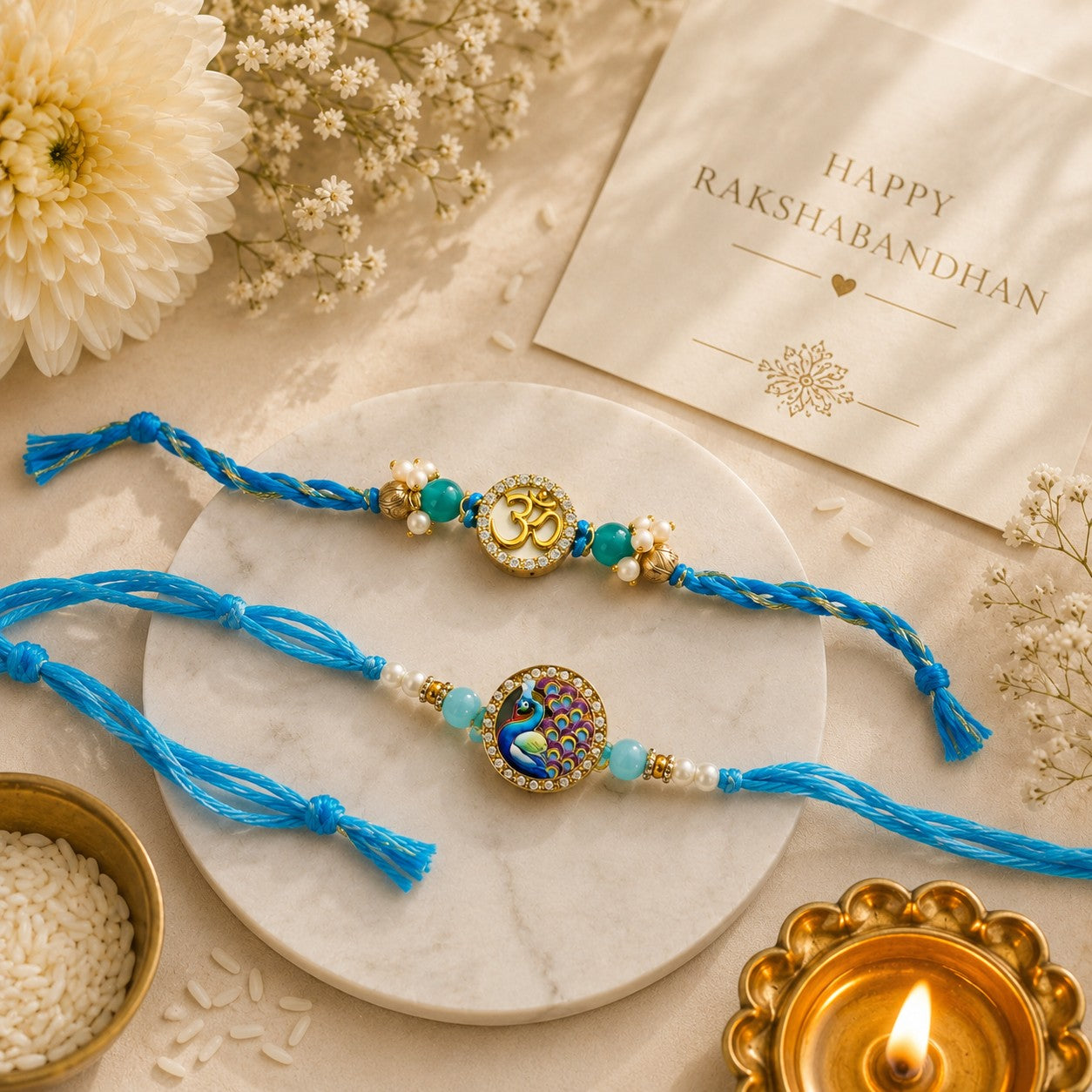 Divine Om & Peacock Rakhi Set of 2
