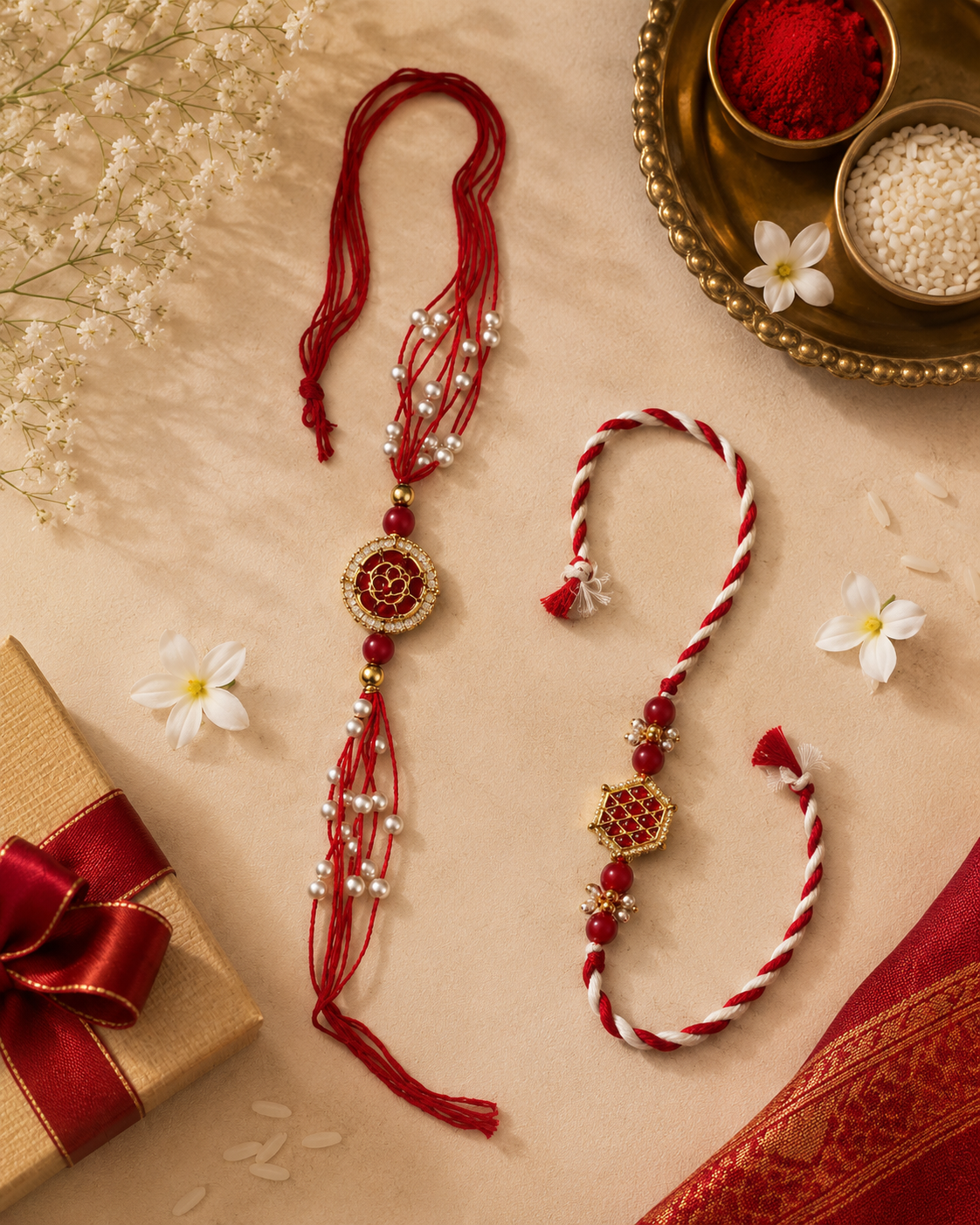 Regal Red & Pearl Rakhi Set