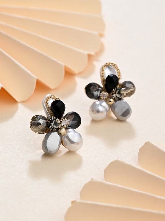 Midnight Crystal Pearl Flower Studs