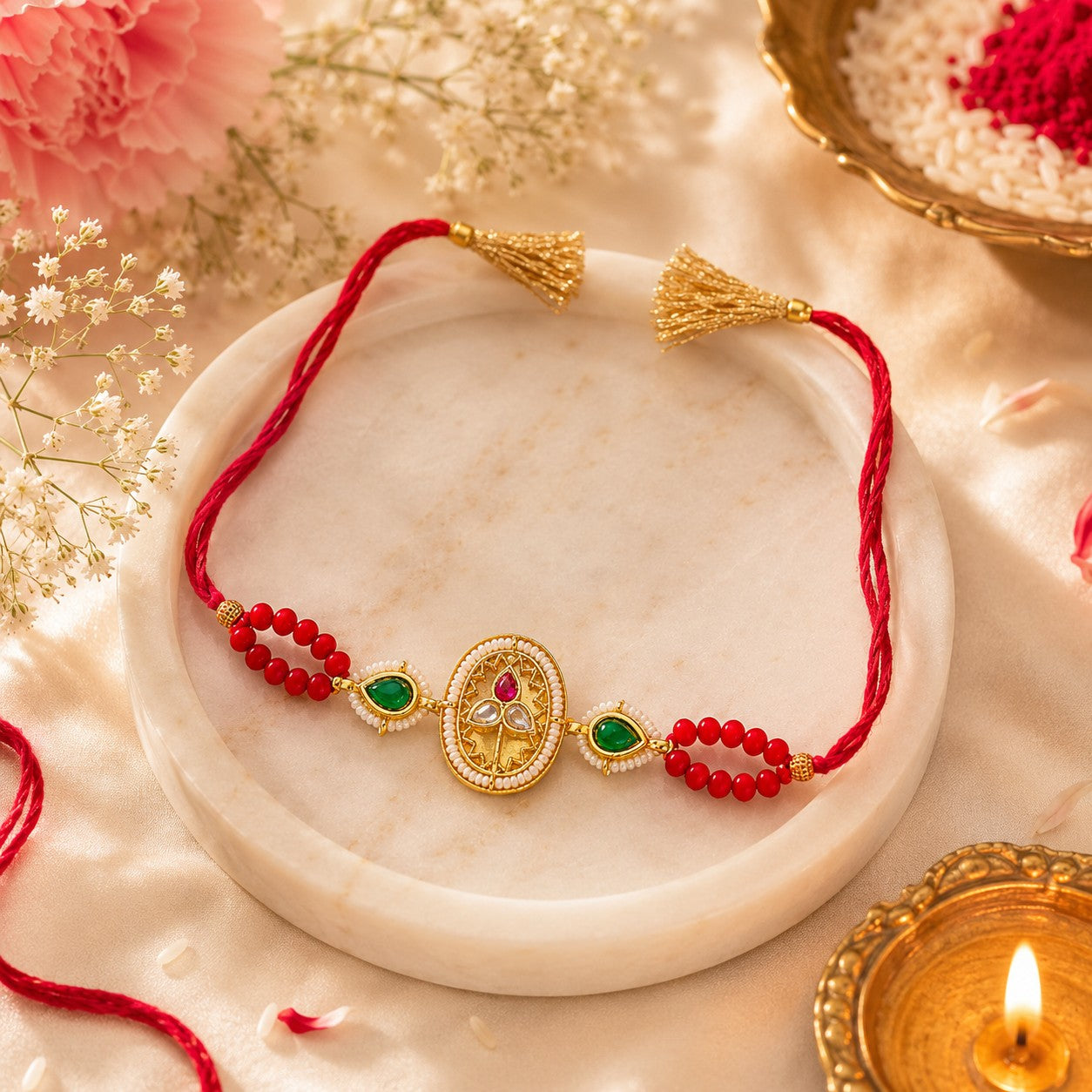 Royal Heritage Kundan Rakhi with Emerald Accents & Coral Beads