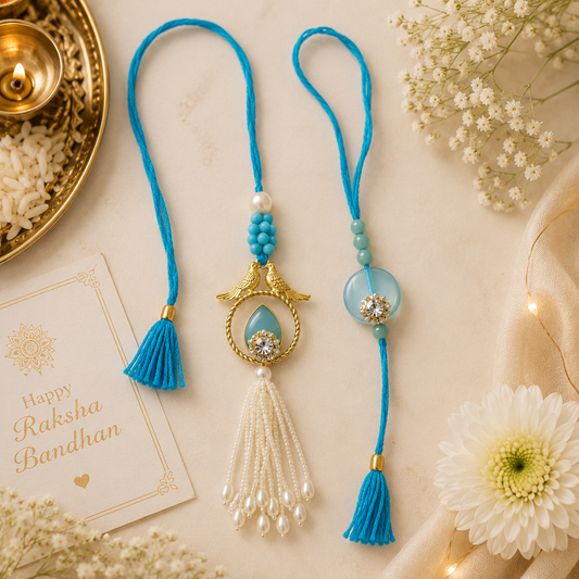 Blue Crystal Lumba & Rakhi Set | Designer Pearl Tassel Bhai Bhabhi Rakhi Combo