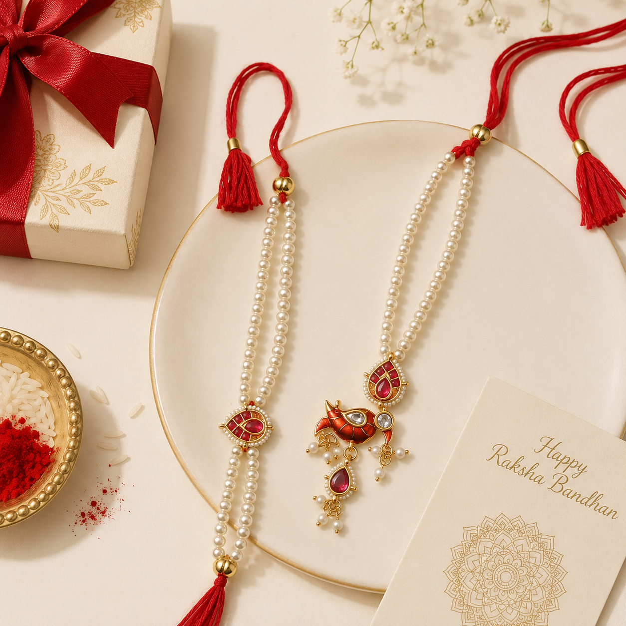 Pearl & Floral Charm Lumba & Rakhi Set