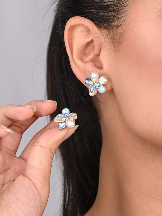 Sky Blue Crystal Pearl Flower Studs