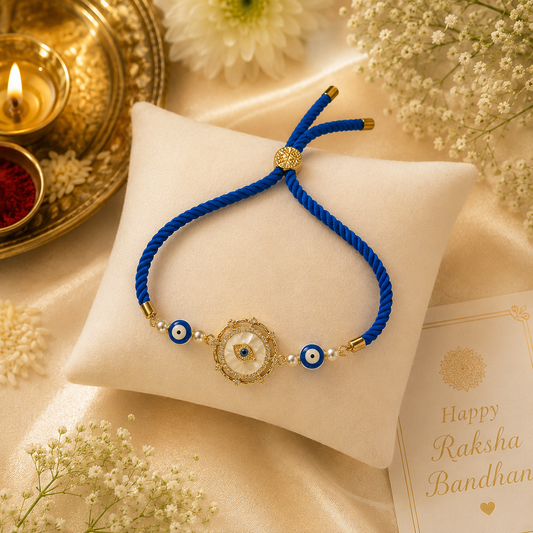 Blue Evil Eye Rakhi with Pearl Accents & Adjustable Thread