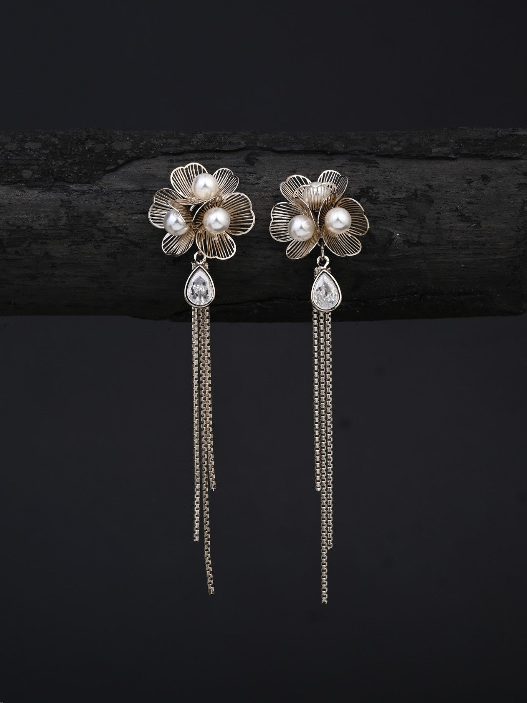 Pearl Flower Long Drop Earrings