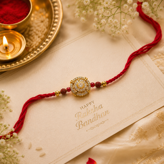Peacock Kundan Rakhi with Green Stone Accents & Red-Green Thread