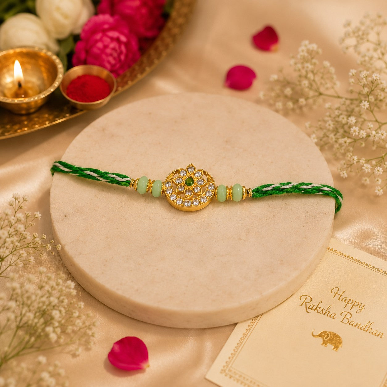 Emerald Radiance Handmade Rakhi with Crystal Floral Medallion