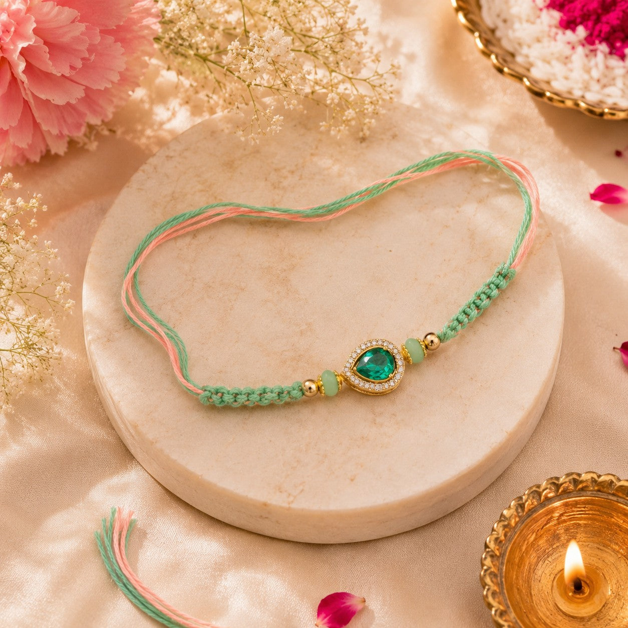 Mint Elegance Handmade Rakhi with Emerald Crystal Charm