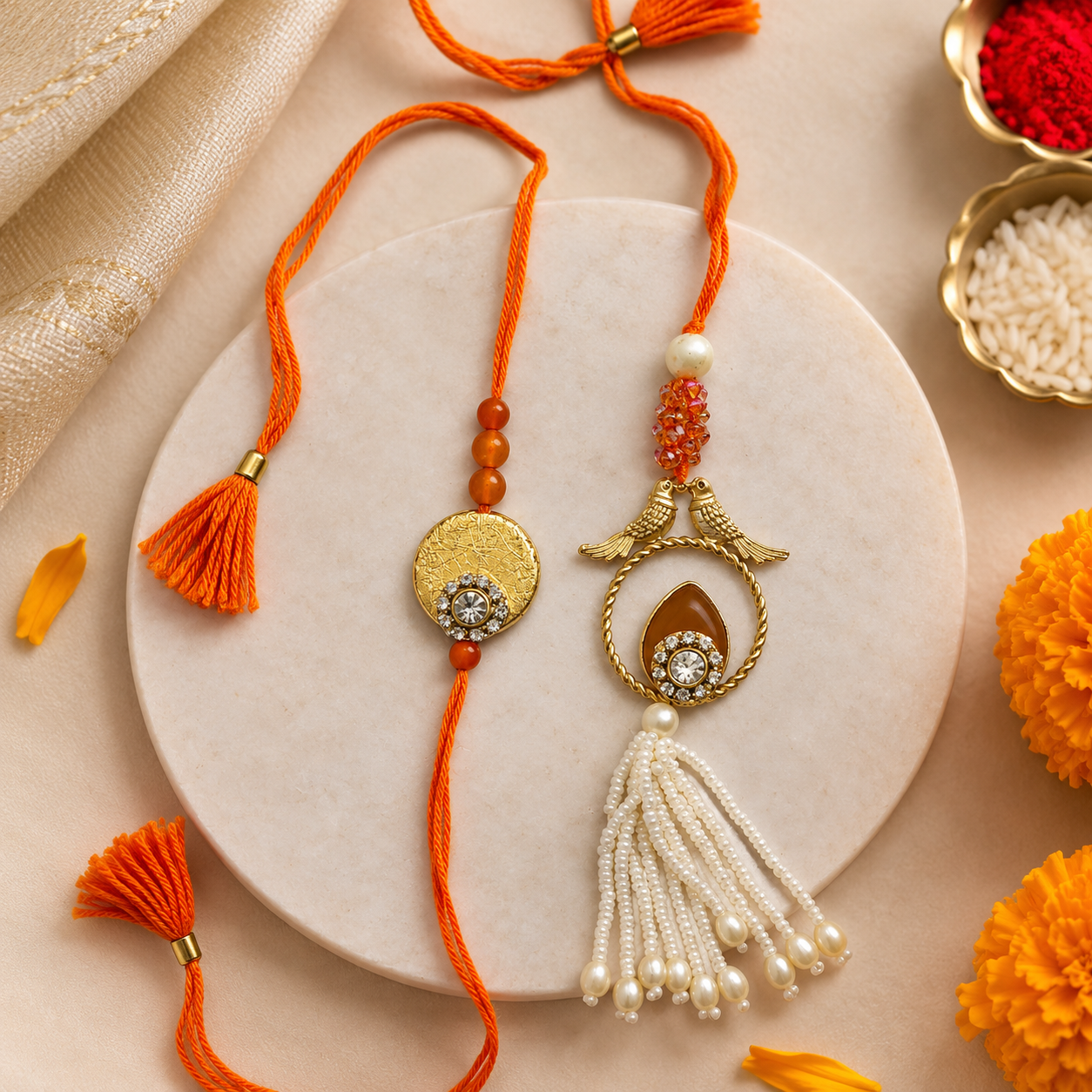 Designer Bird Motif Bhaiya Bhabhi Rakhi Set with Pearl Tassel