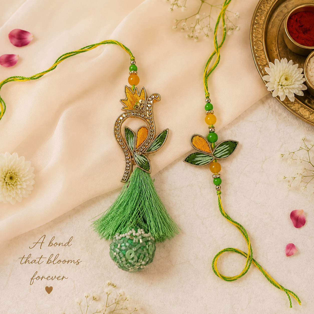 Peacock Feather Embroidered Rakhi & Paisley Tassel Lumba Set Green