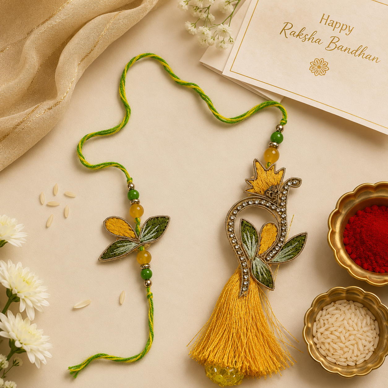 Peacock Feather Embroidered Rakhi & Paisley Tassel Lumba Set
