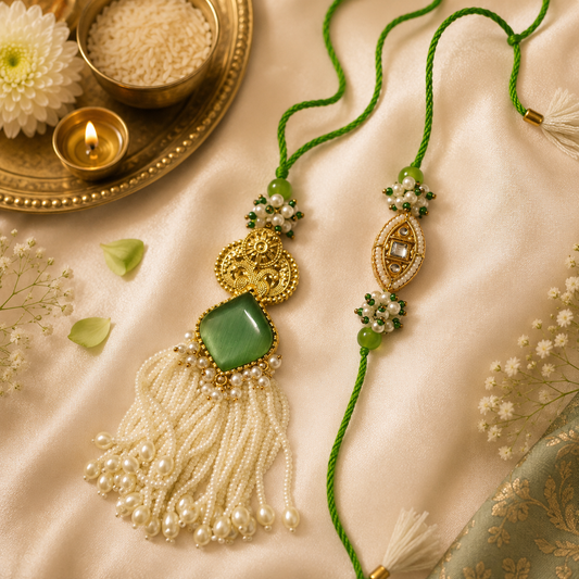 Green Evil Eye Bhai Bhabhi Rakhi Set with Pearl Tassel Lumba