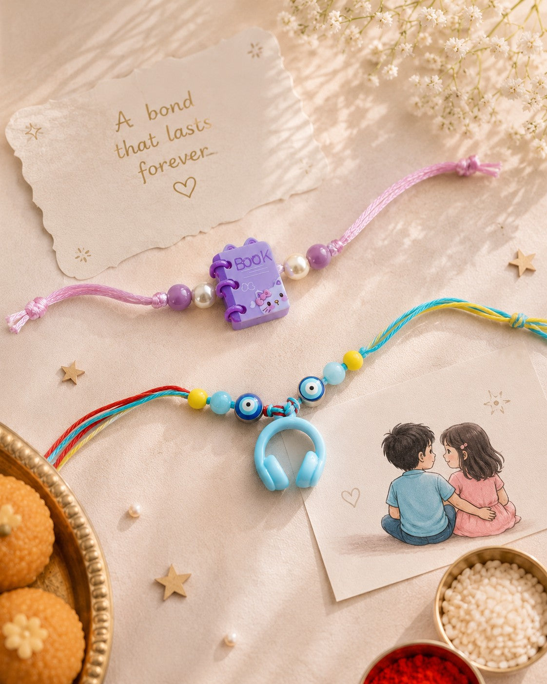 Sibling Stories Rakhi Set – Headphones & Mini Book Charm Rakhi (Set of 2)