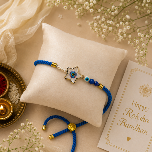 Blue Evil Eye Star Rakhi with Pearl Accents & Adjustable Thread