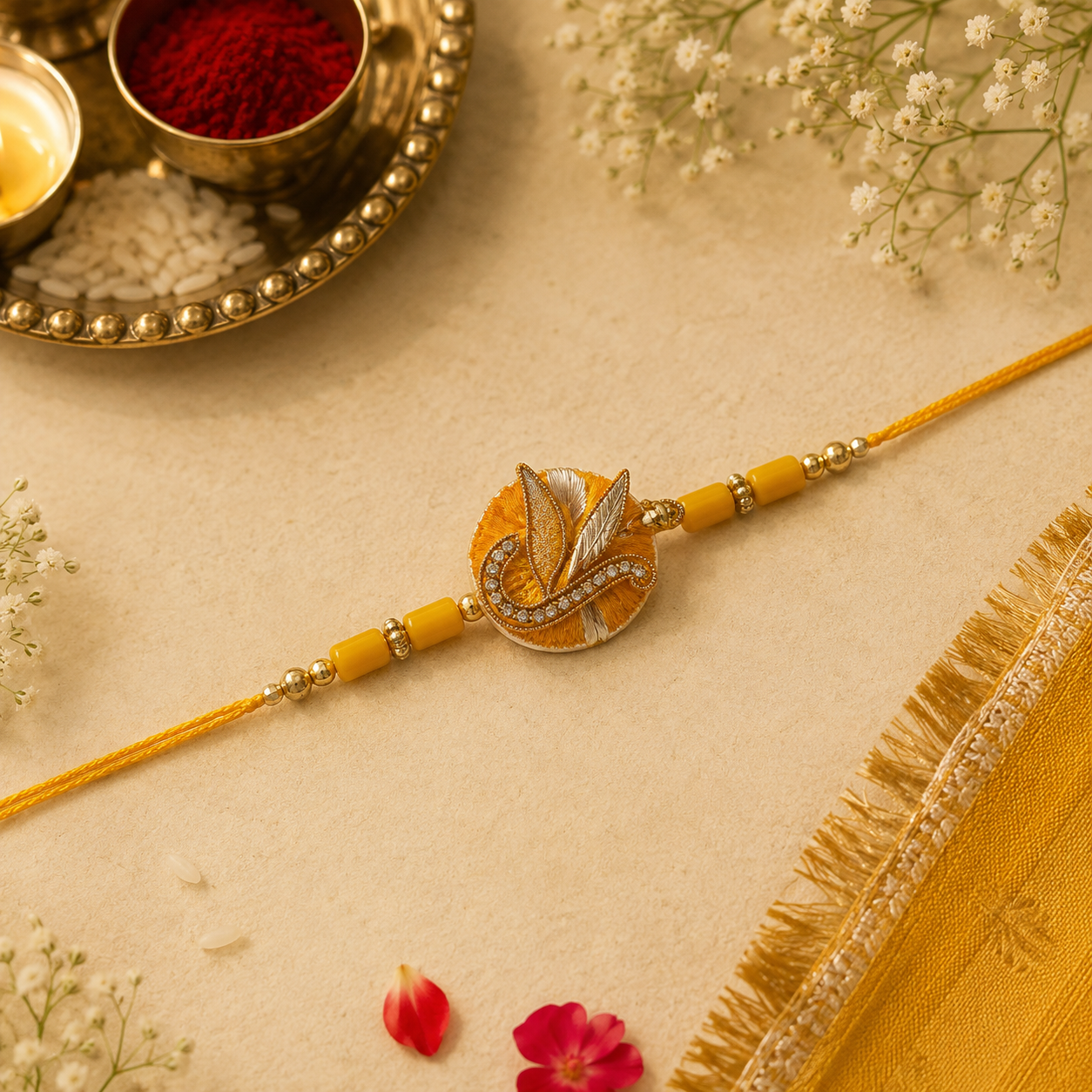 Designer Rakhi Duo – Blush Feather & Golden Leaf Handcrafted Rakhi Set