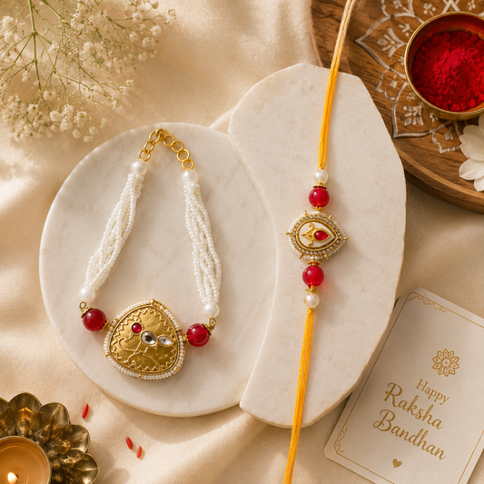 Bhaiya Bhabhi Rakhi Set – Pearl Bracelet & Designer Rakhi Combo