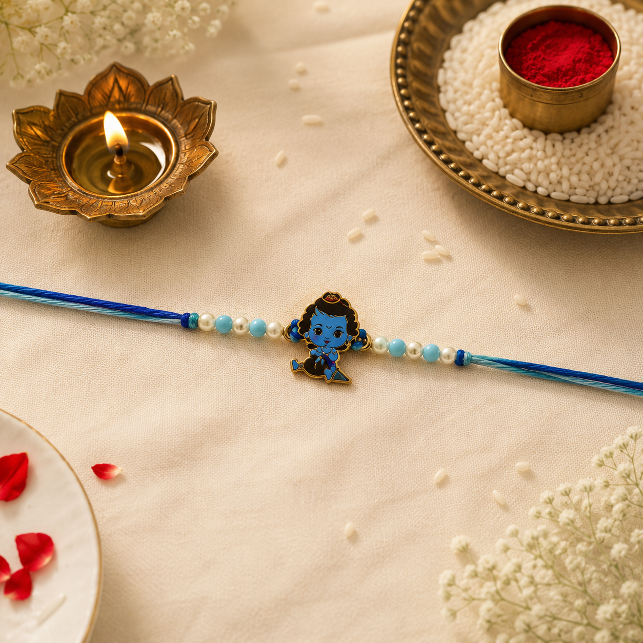 Bal Krishna Kids Designer Rakhi with Blue Bead Accents