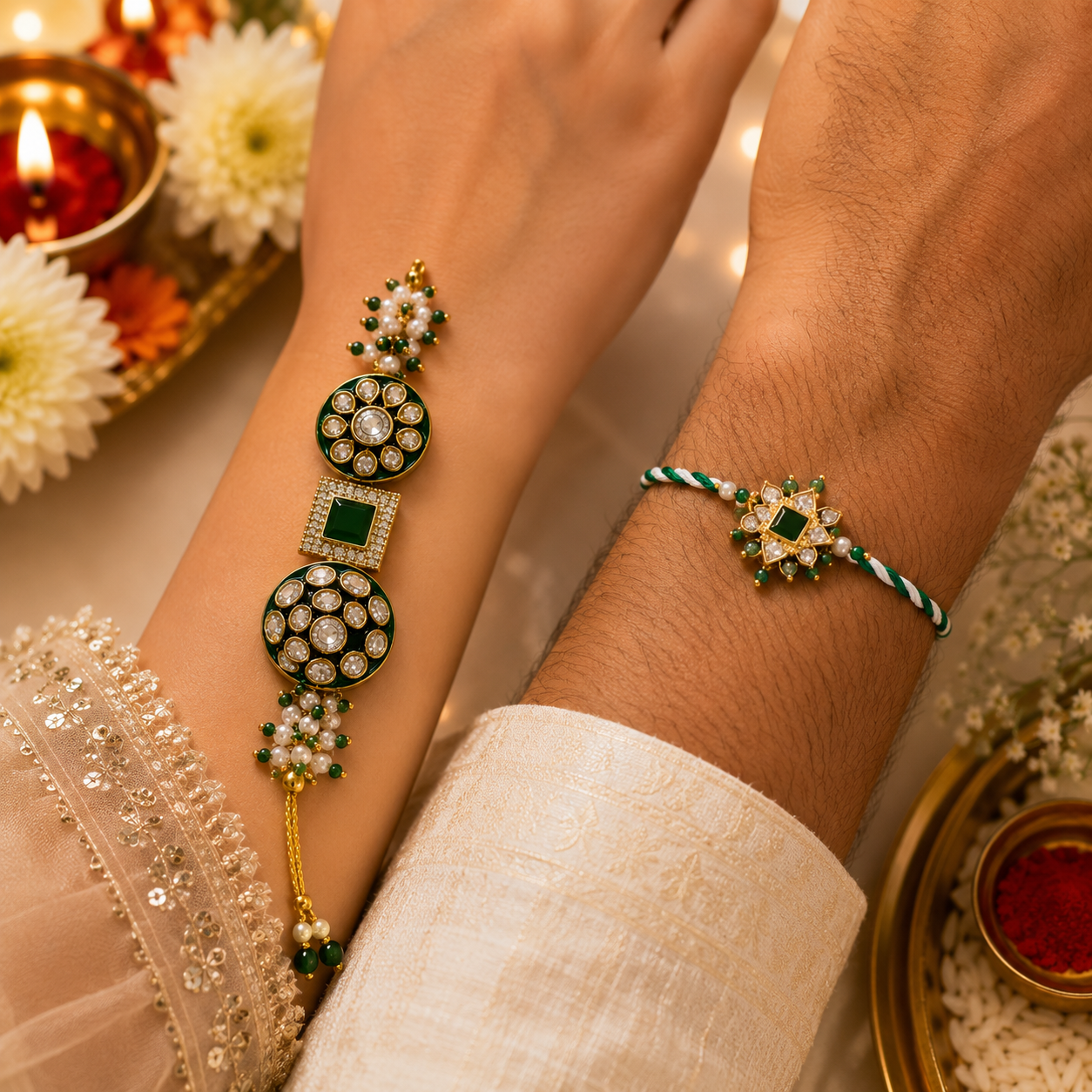 Emerald Green Bhaiya Bhabhi Rakhi Set – Kundan Lumba & Designer Rakhi Combo