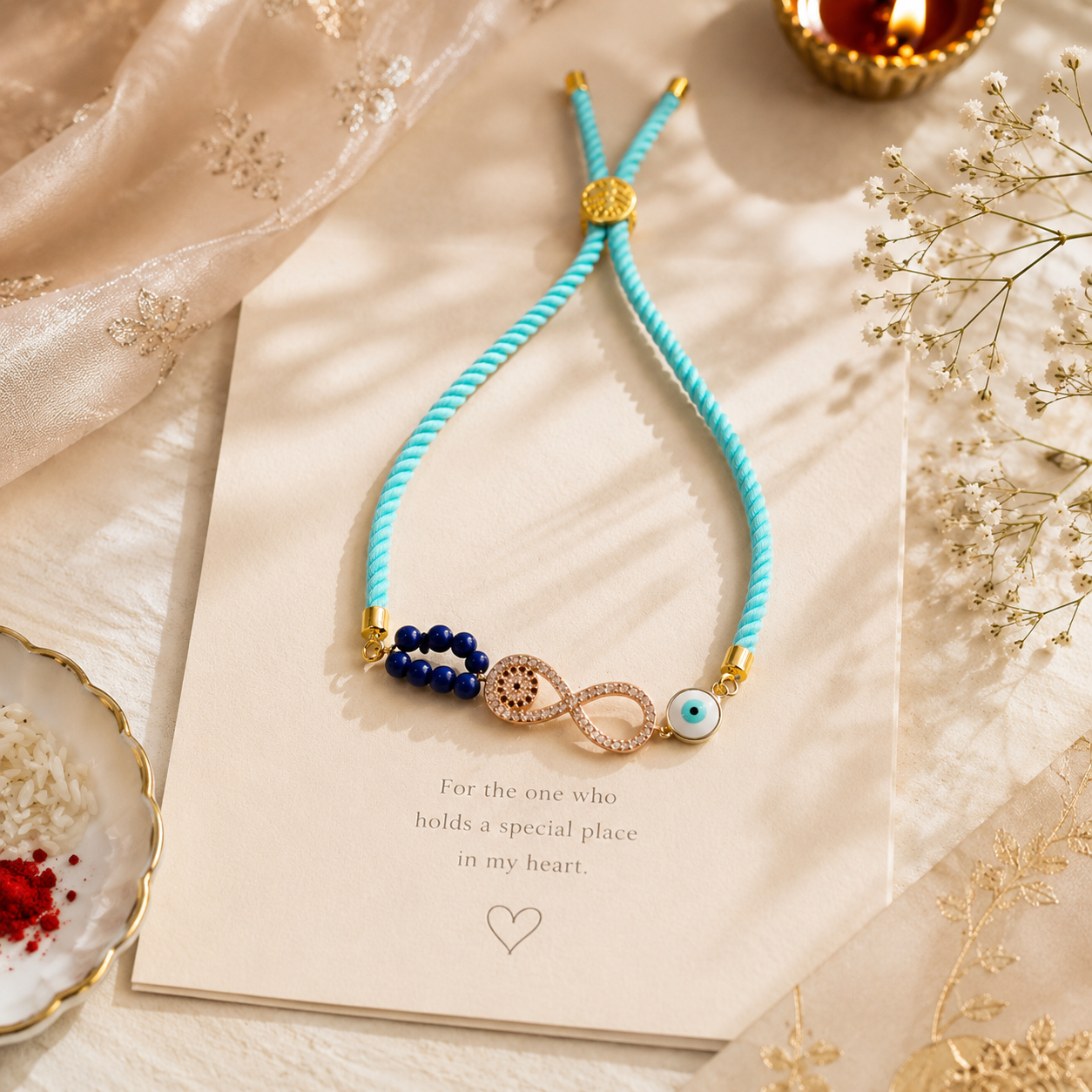 Infinity Evil Eye Lumba Rakhi with Blue Beads & Adjustable Sky Blue Thread