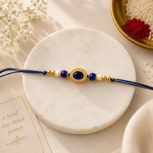 Royal Blue Crystal & Pearl Designer Rakhi