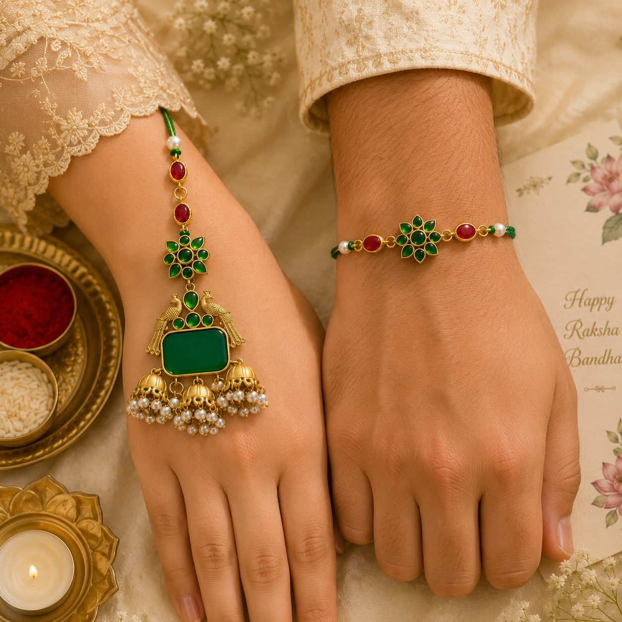 Emerald Green  Bhaiya Bhabhi Rakhi Set – Elegant Kundan & Pearl Lumba Rakhi Combo (Copy)
