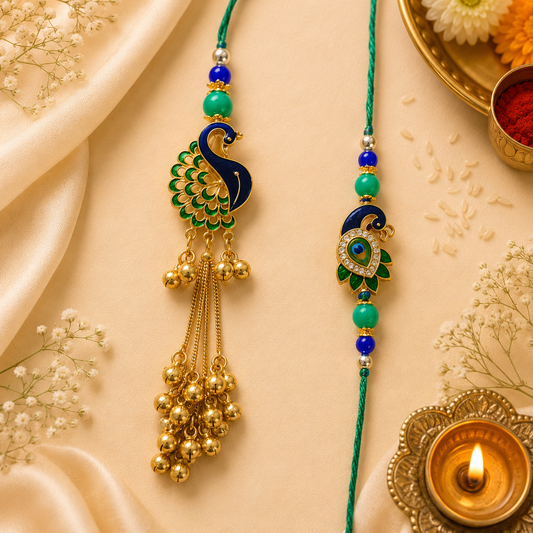 Peacock Bhaiya Bhabhi Rakhi Set – Blue & Green Designer Lumba Rakhi Combo