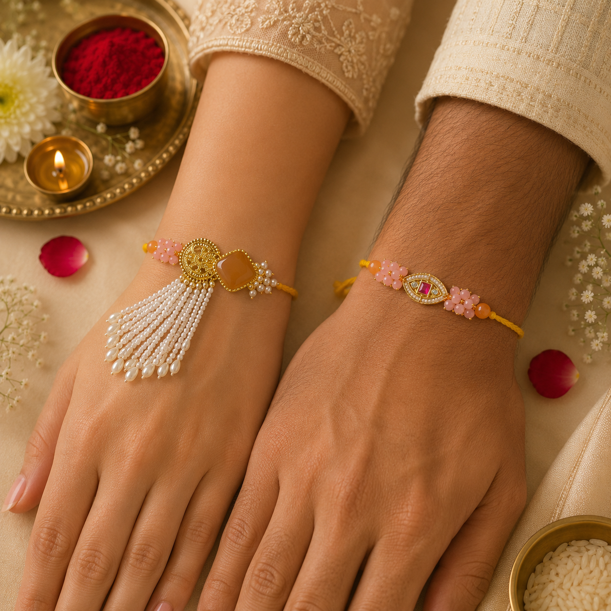 Yellow Evil Eye Bhai Bhabhi Rakhi Set with Pearl Tassel Lumba