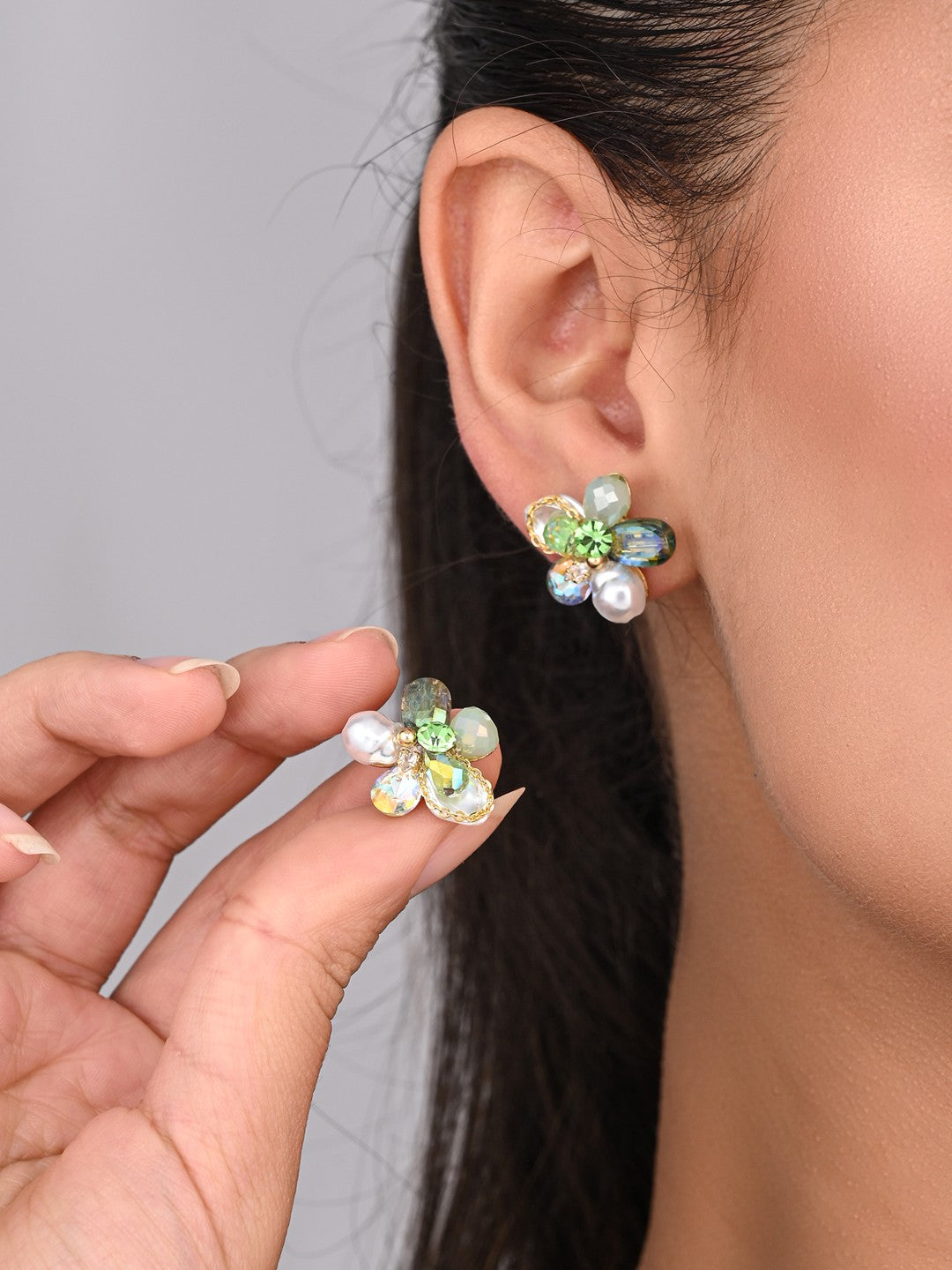 Emerald Crystal Pearl Flower Studs