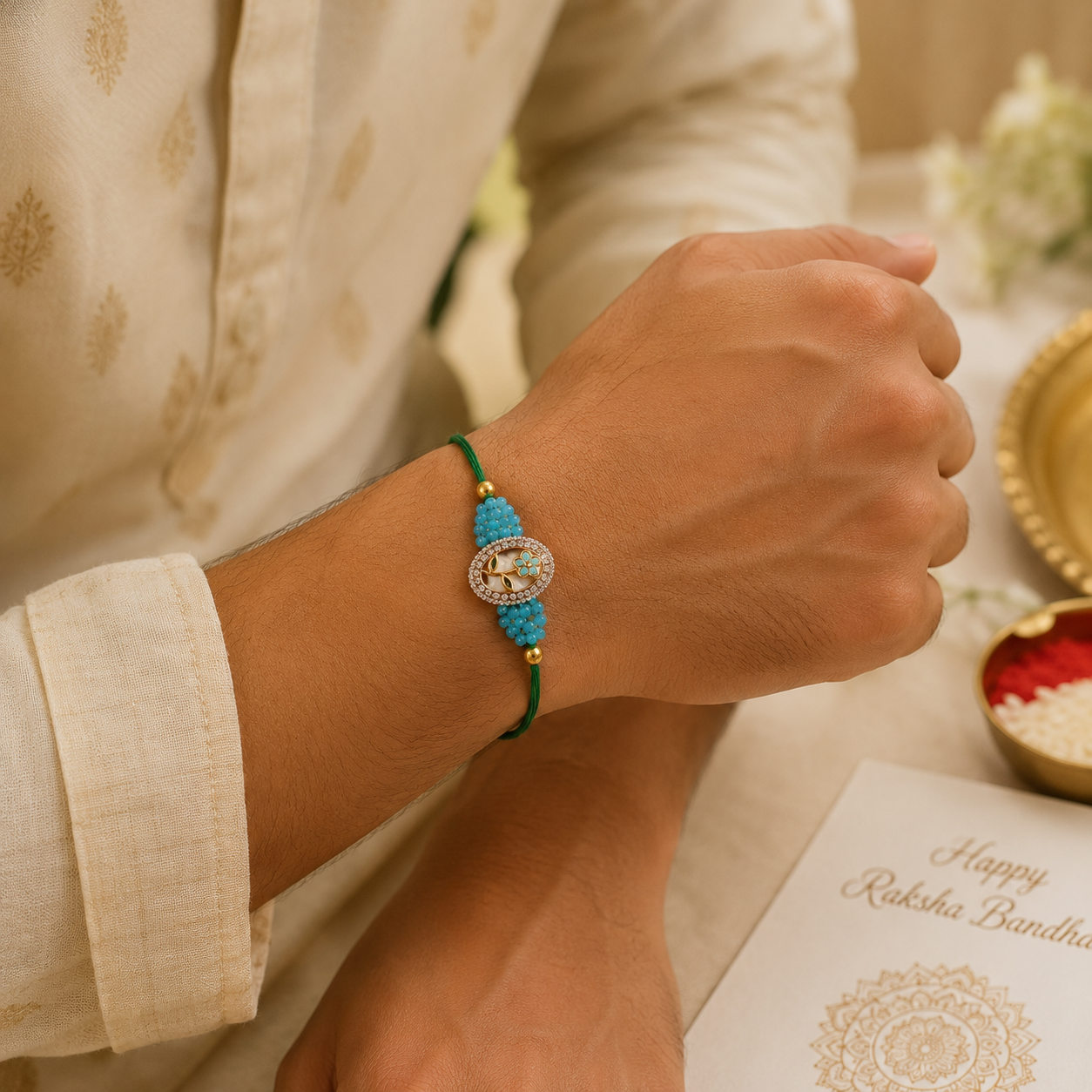 Emerald & Turquoise Floral Rakhi Set
