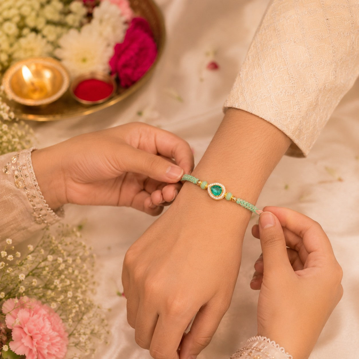 Mint Elegance Handmade Rakhi with Emerald Crystal Charm