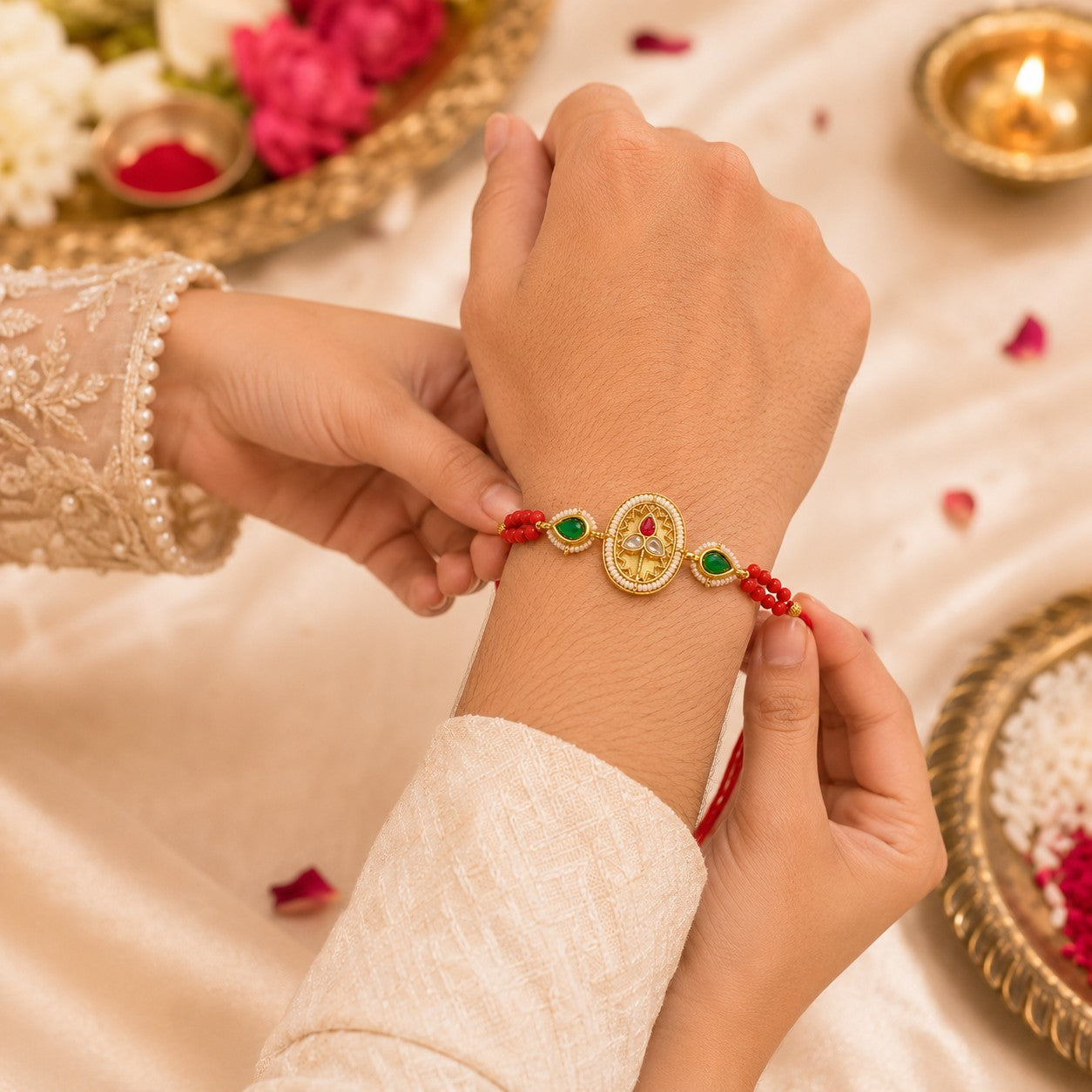 Royal Heritage Kundan Rakhi with Emerald Accents & Coral Beads