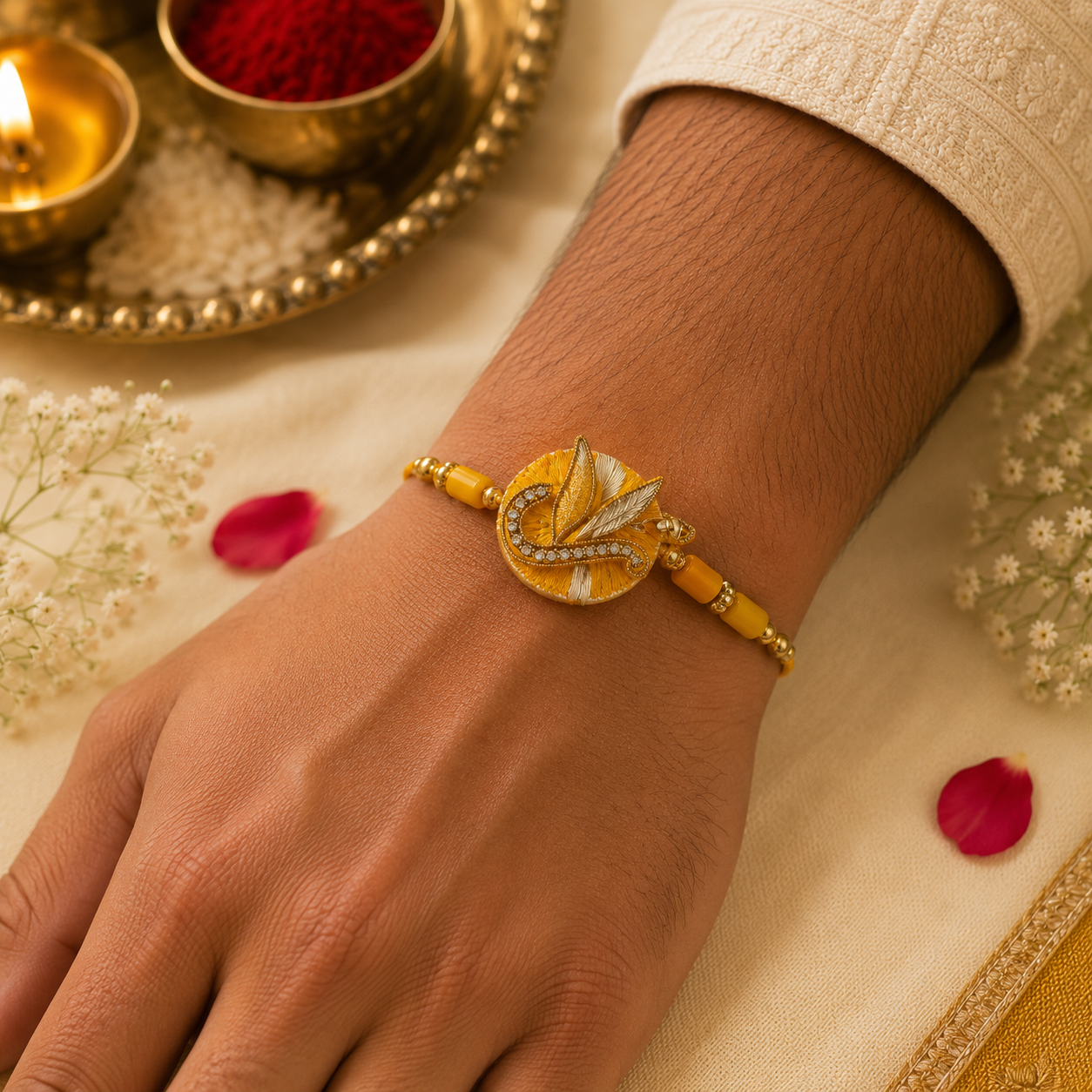Designer Rakhi Duo – Blush Feather & Golden Leaf Handcrafted Rakhi Set