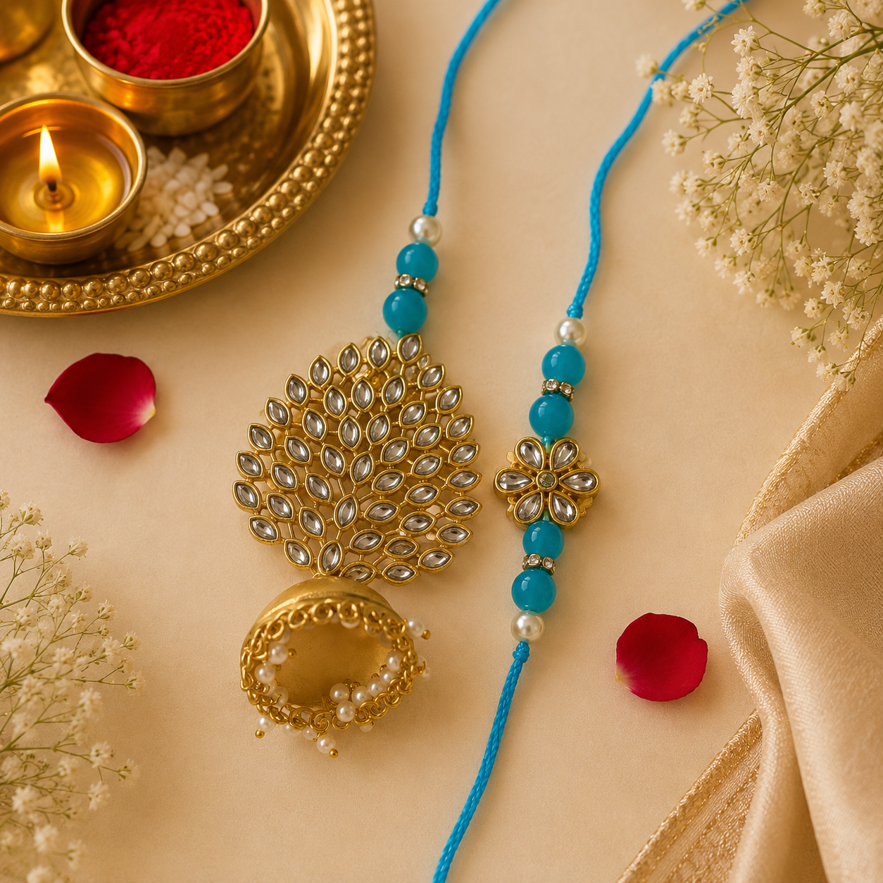 Blue Floral Kundan Bhai Bhabhi Rakhi Set with Lumba