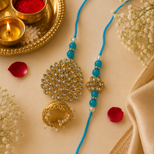 Blue Floral Kundan Bhai Bhabhi Rakhi Set with Lumba