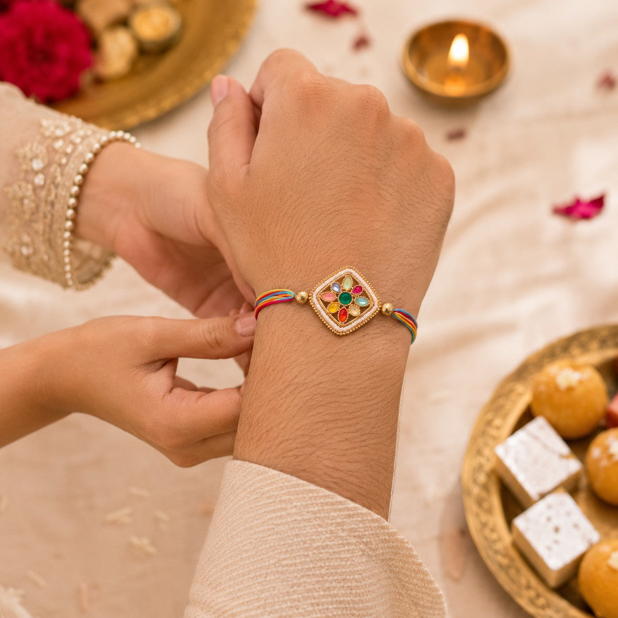 Rainbow Blossom Handmade Rakhi with Multicolour Gemstone Motif