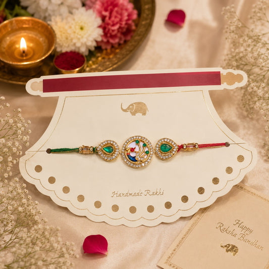 Peacock Grace Handmade Rakhi with Emerald Accents & Kundan Detailing