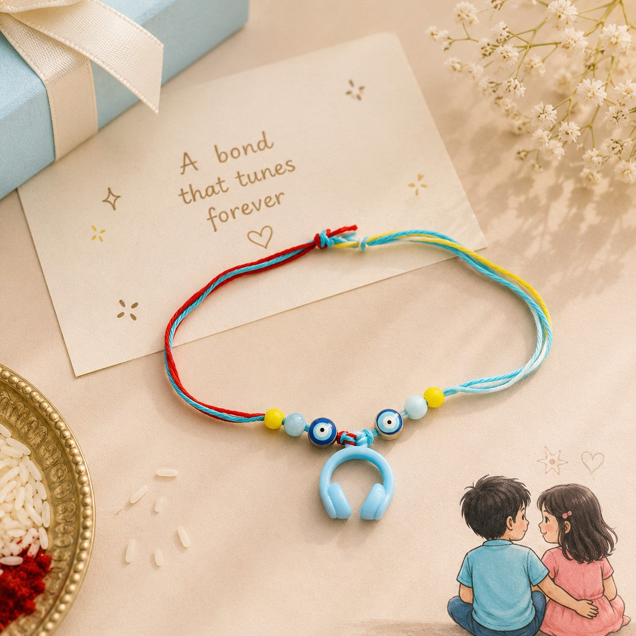 Sibling Stories Rakhi Set – Headphones & Mini Book Charm Rakhi (Set of 2)