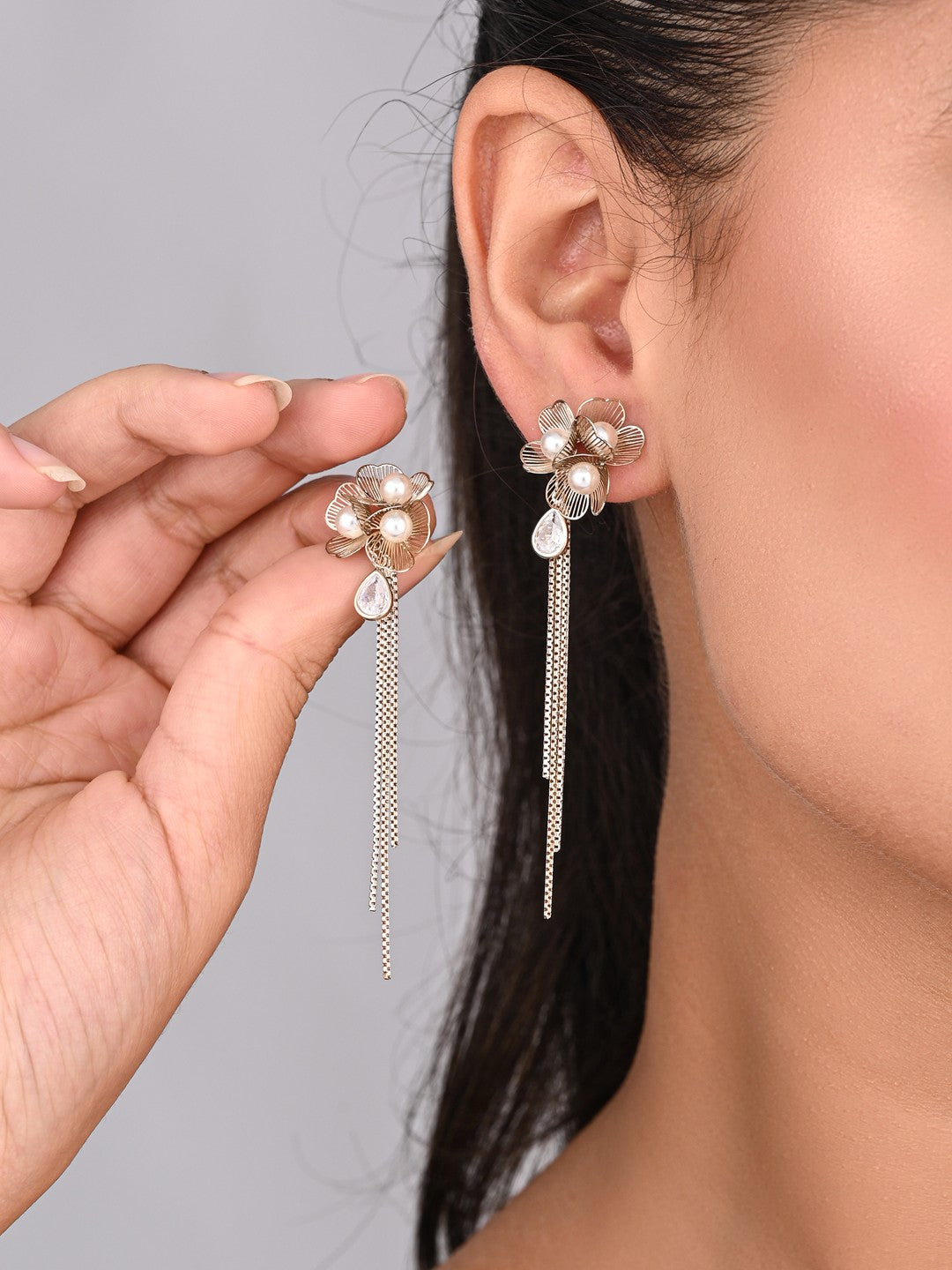 Pearl Flower Long Drop Earrings