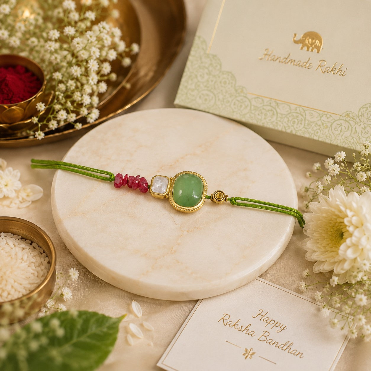 Emerald Harmony Handmade Rakhi with Kundan Accent & Ruby Beads