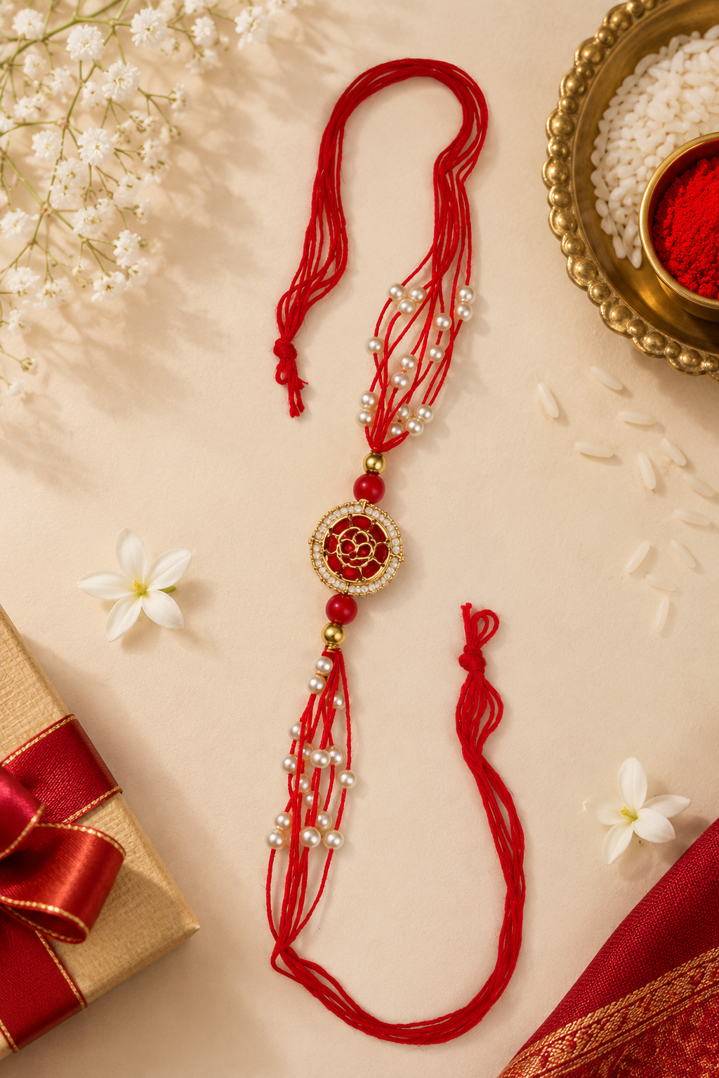 Regal Red & Pearl Rakhi Set