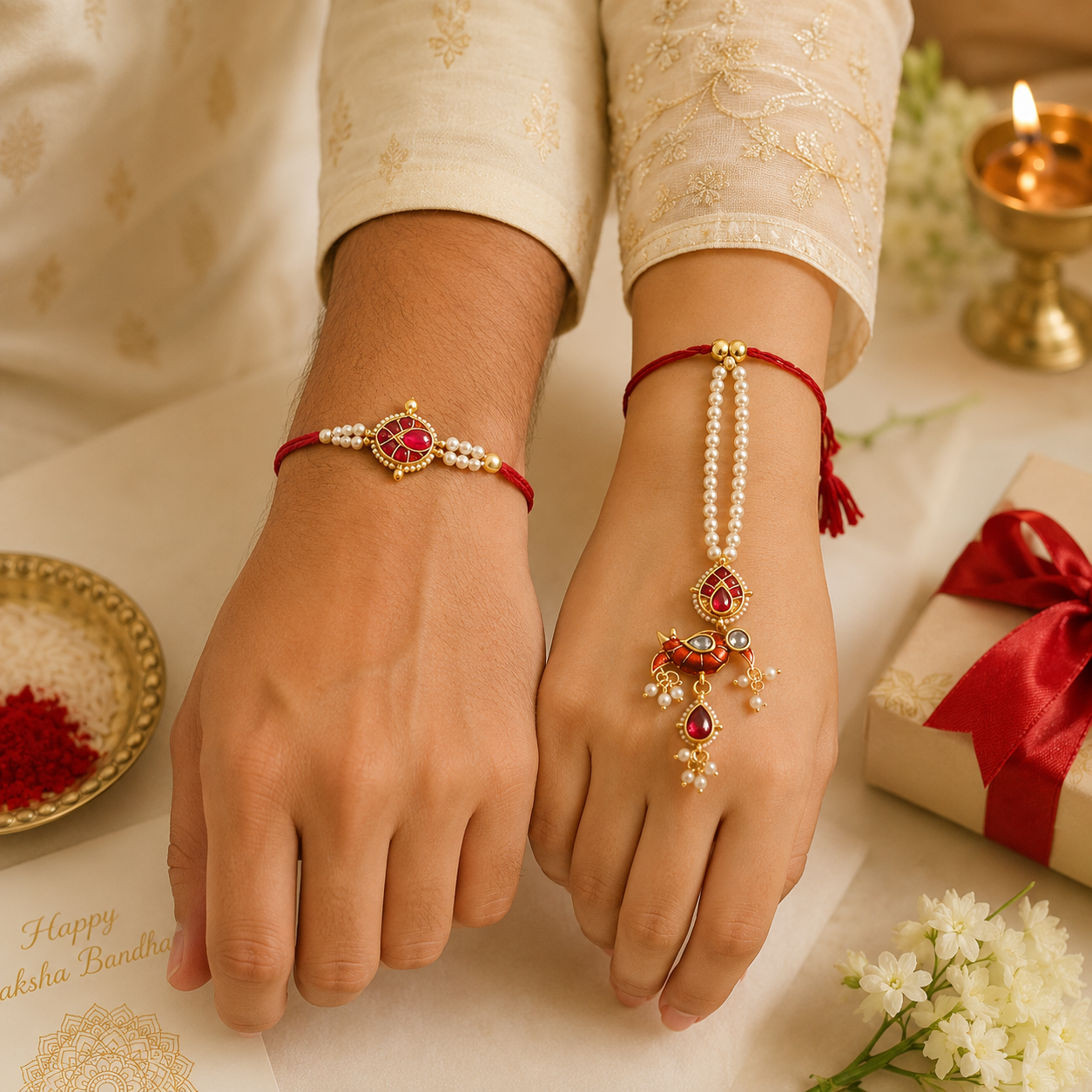 Pearl & Floral Charm Lumba & Rakhi Set