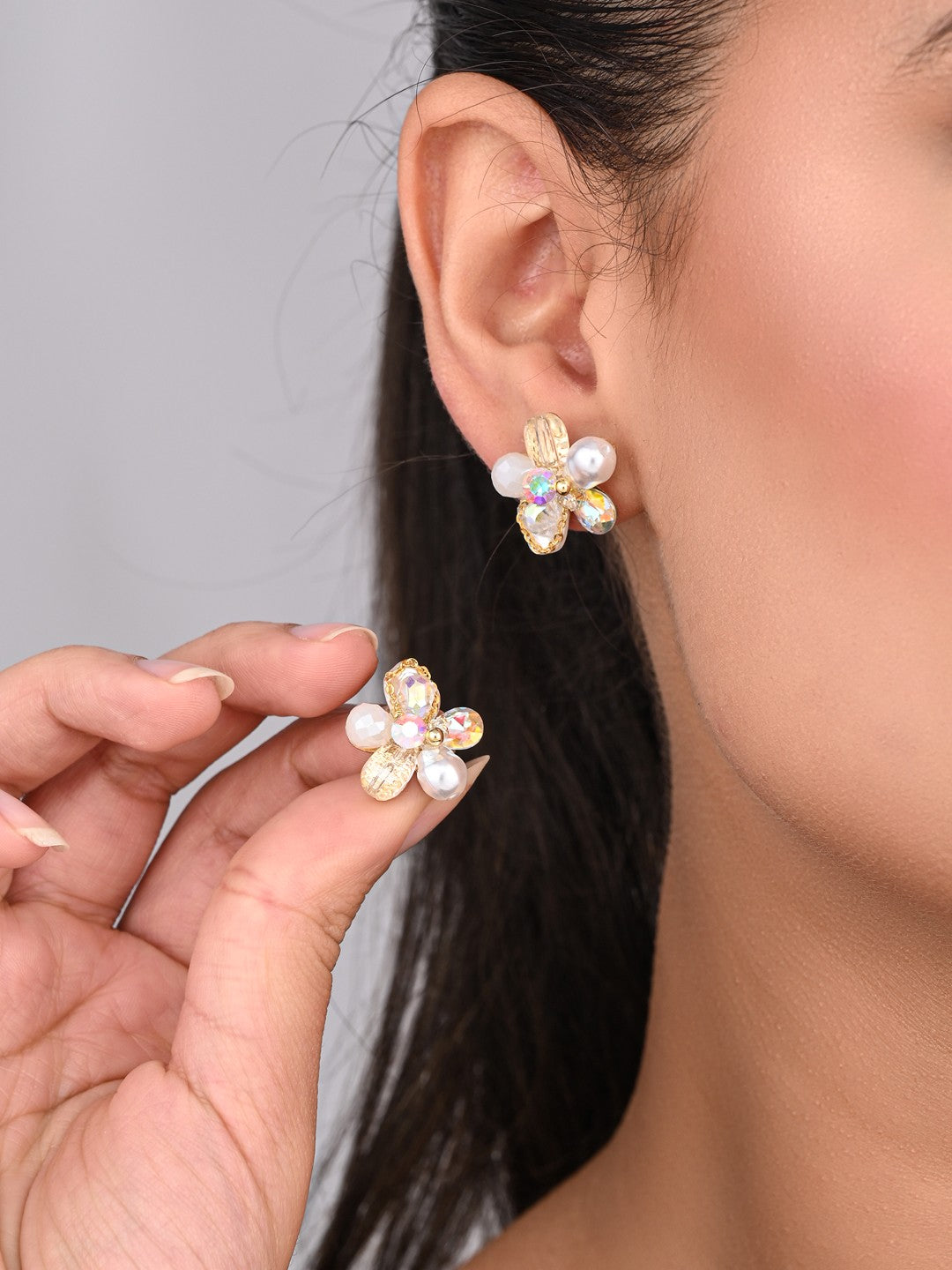 Ivory Crystal Pearl Flower Studs