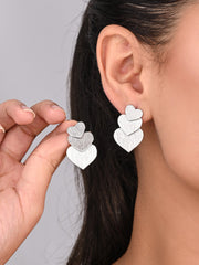 Rhodium Plated Linked Hearts Drop Earrings