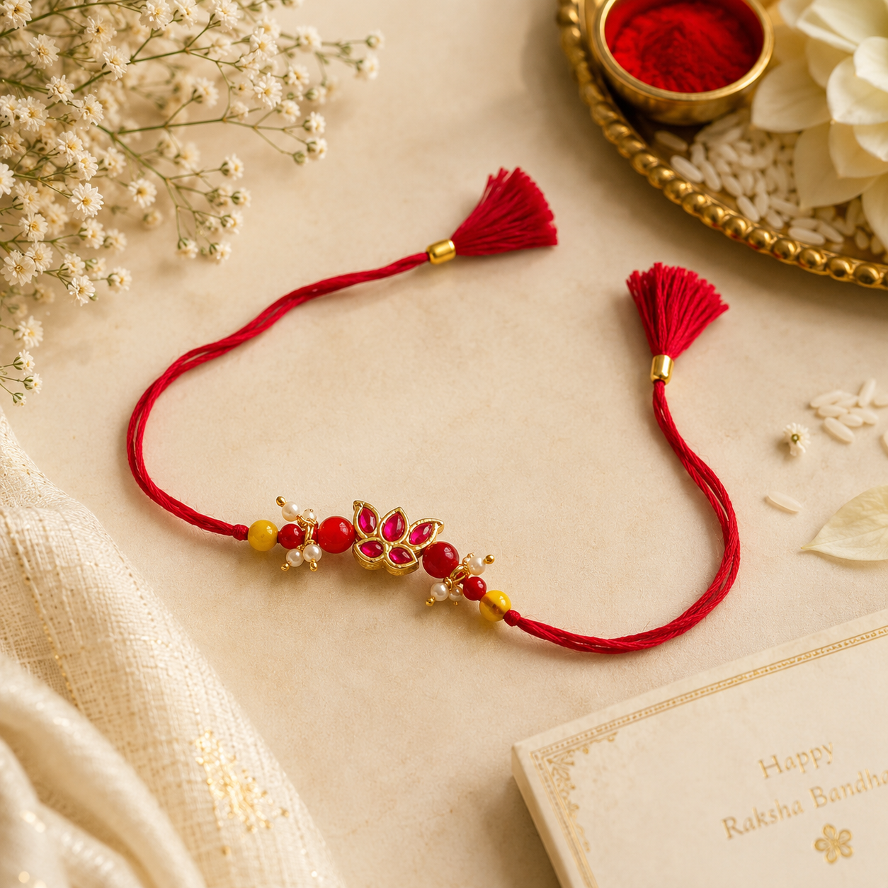 Lotus Designer Rakhi & Bracelet Gift Set – Pink Stone Floral Rakhi Combo