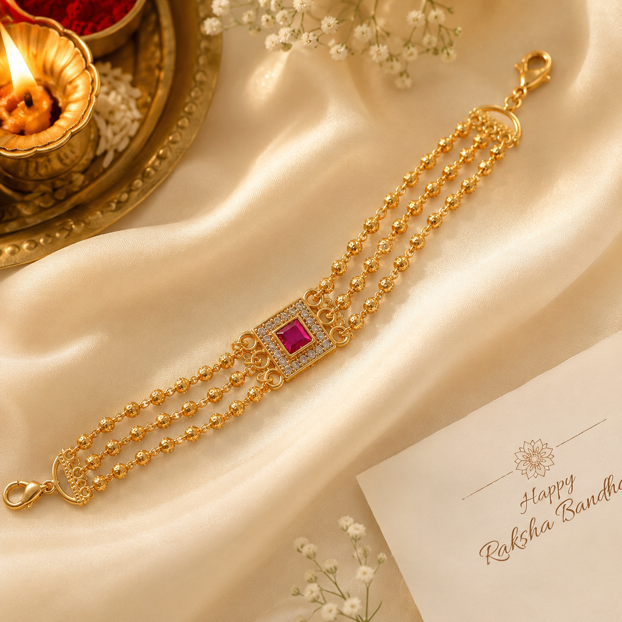 Ruby Crystal Statement Lumba with Triple Gold Bead Chains
