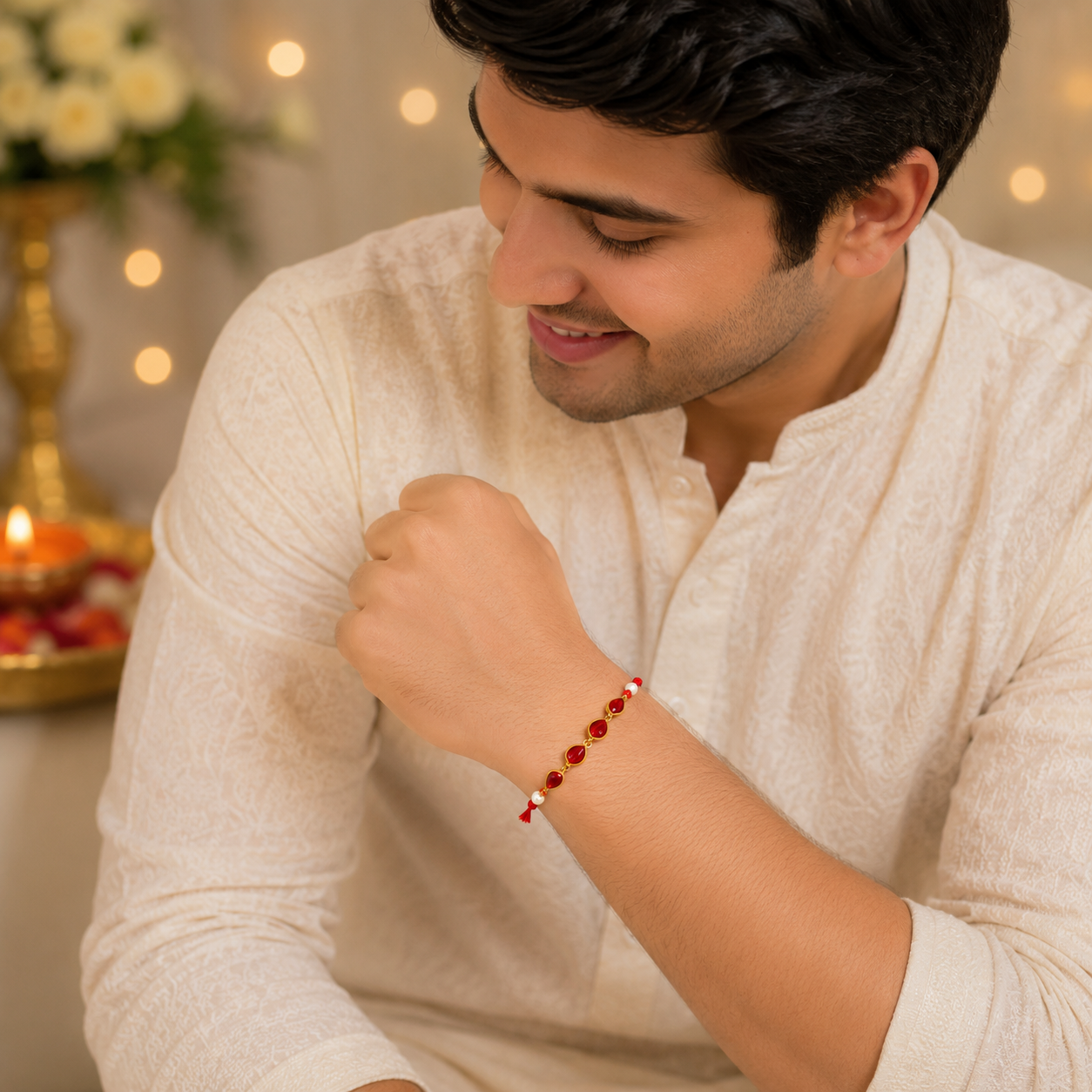 Elegant Ruby Stone Bhaiya Bhabhi Rakhi Set with Pearl Jhumki Lumba