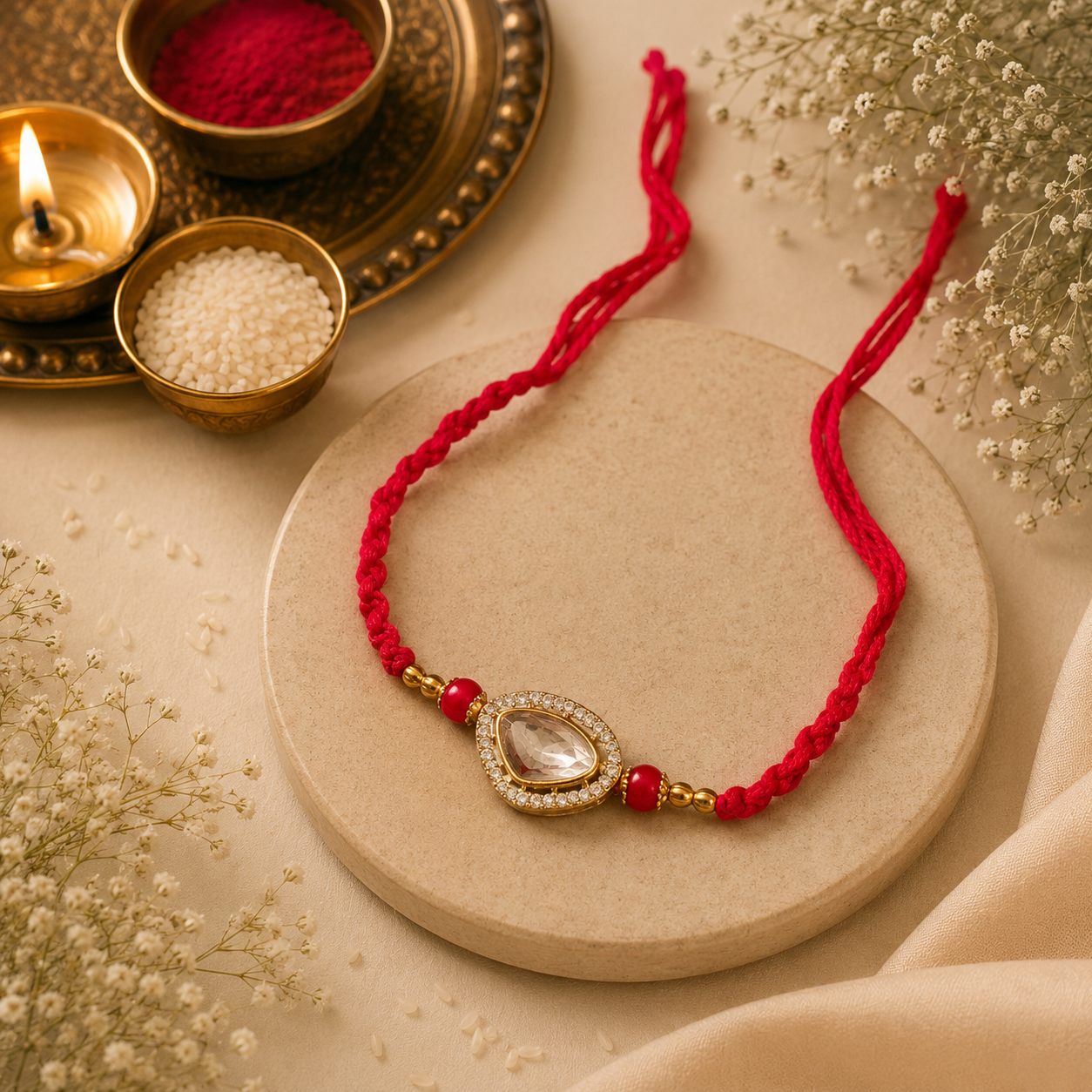 Pastel Elegance & Crystal Teardrop Rakhi Set – Handcrafted Designer Rakhi Combo