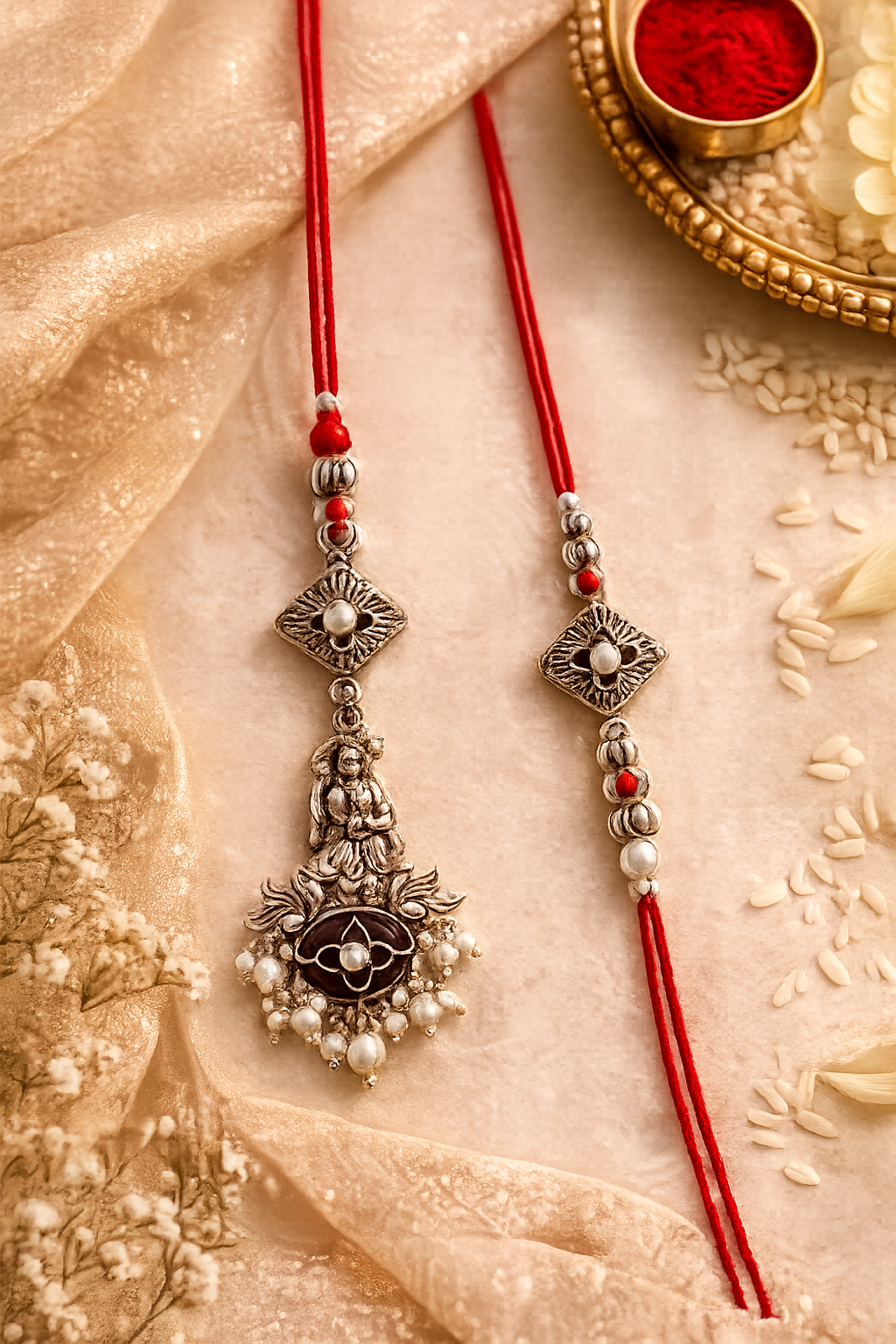Oxidised Bhaiya Bhabhi Rakhi Set – Divine Krishna Lumba & Pearl Designer Rakhi Combo