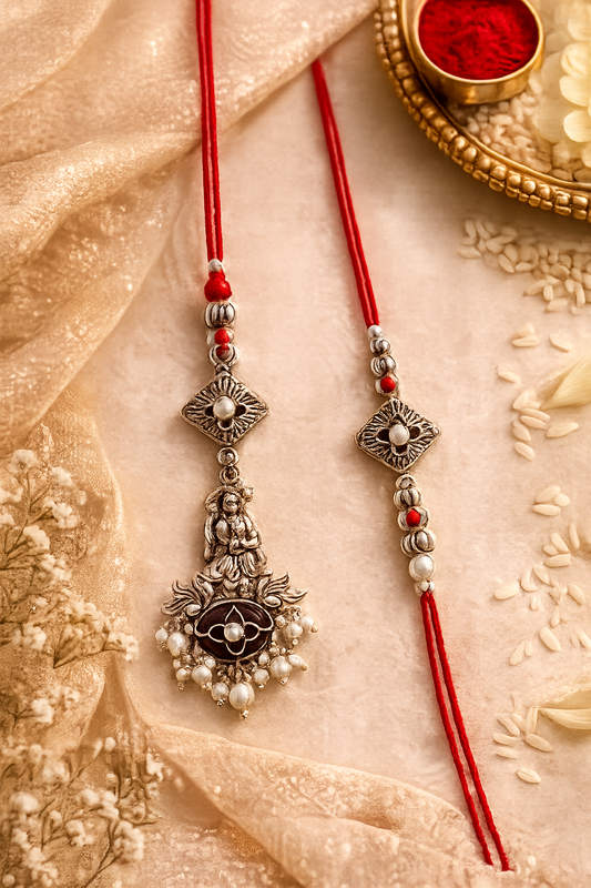 Oxidised Bhaiya Bhabhi Rakhi Set – Divine Krishna Lumba & Pearl Designer Rakhi Combo