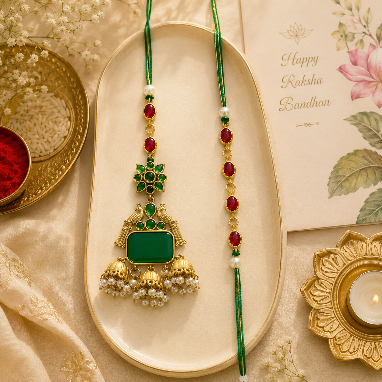 Emerald Green  Bhaiya Bhabhi Rakhi Set – Elegant Kundan & Pearl Lumba Rakhi Combo (Copy)